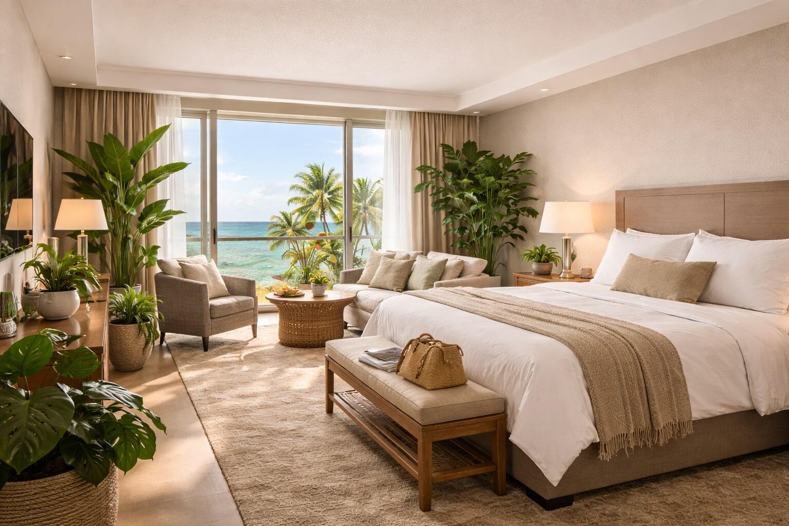 Luxury seaside hotel suite filled with indoor plants and natural light.