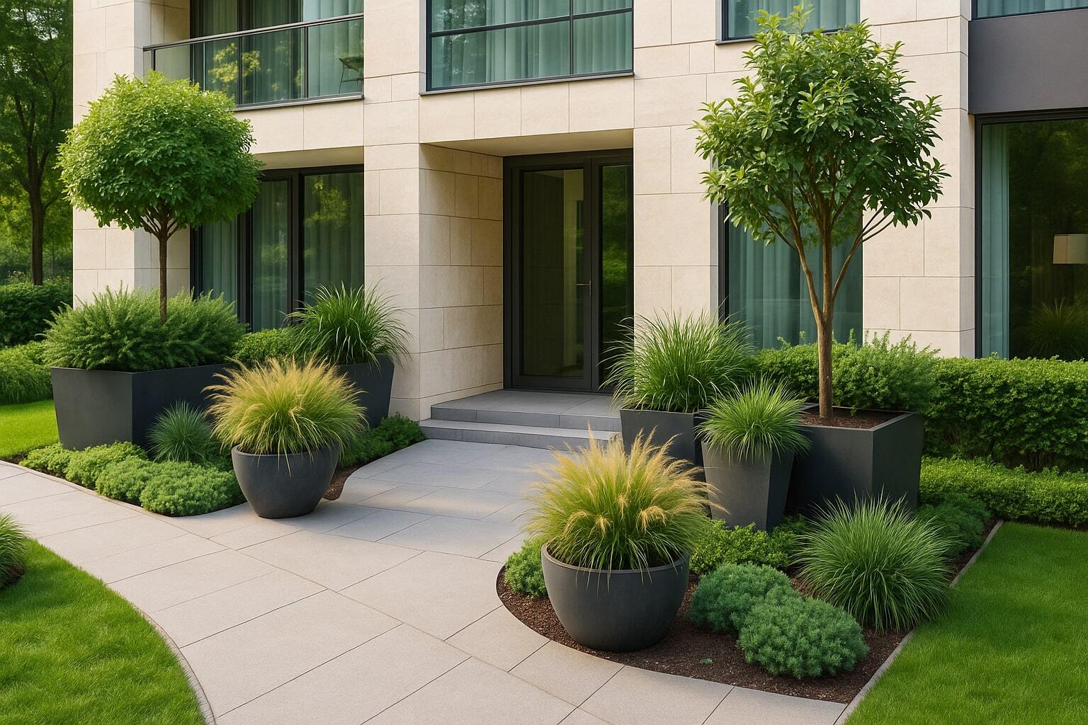 Modern apartment entrance with large statement planters lining the walkway, filled with lush green plants that create a welcoming and stylish look.