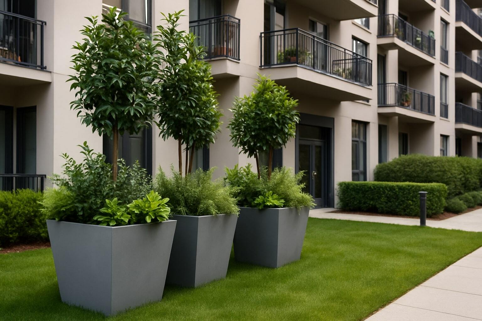 Modern apartment exterior with large gray planters filled with small trees and greenery arranged on a neat green lawn.