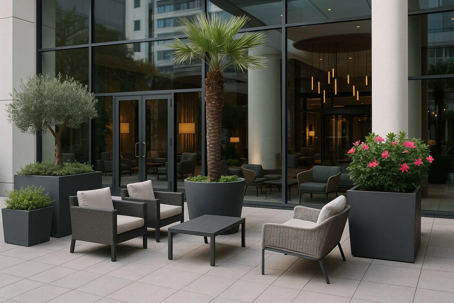 Modern hotel entrance with large outdoor planters holding a palm, olive tree, and bright pink flowers beside stylish outdoor seating in a clean, open terrace.
