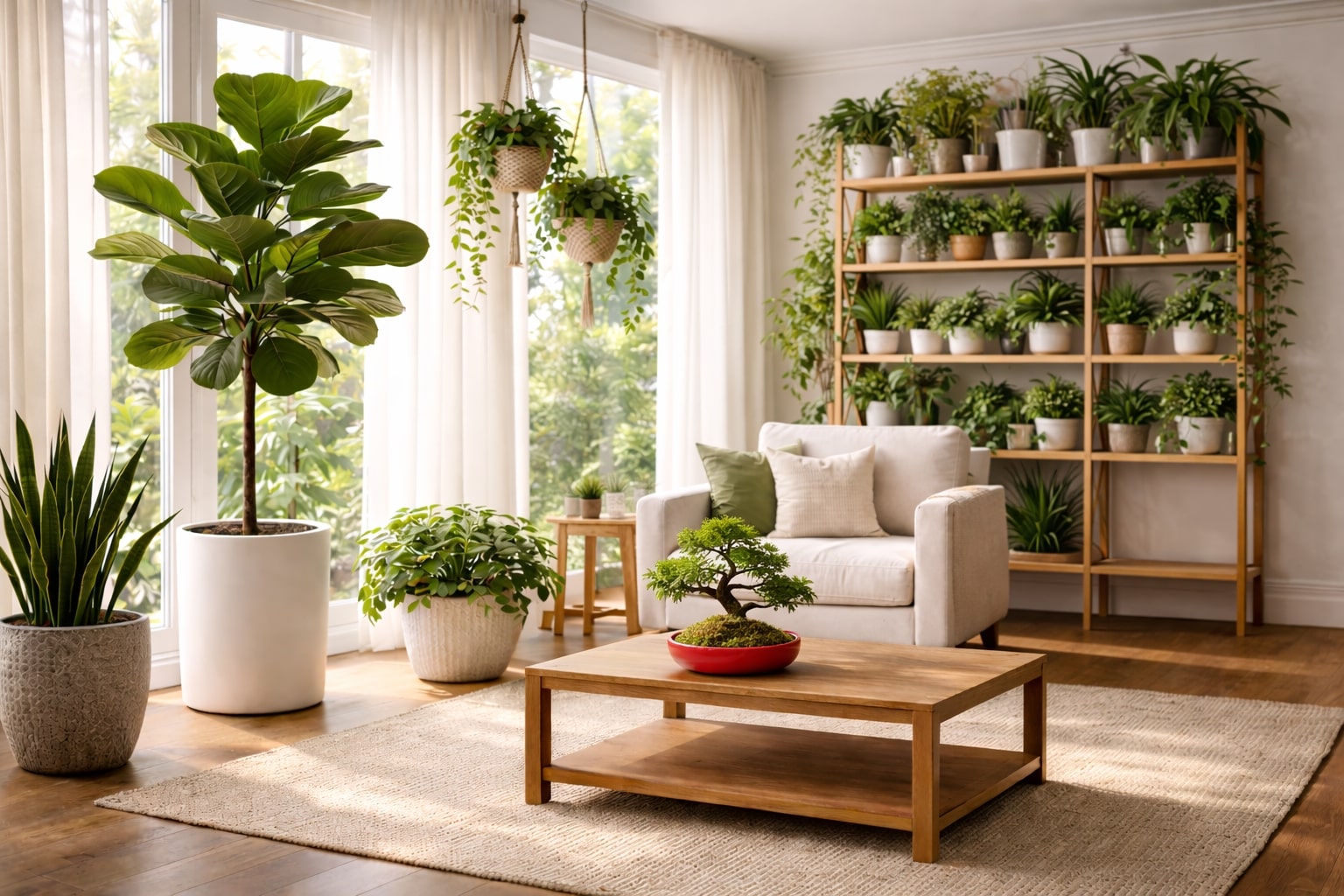 Modern living room with large indoor plants, bonsai in red pot on coffee table, and tall plant shelf in background.