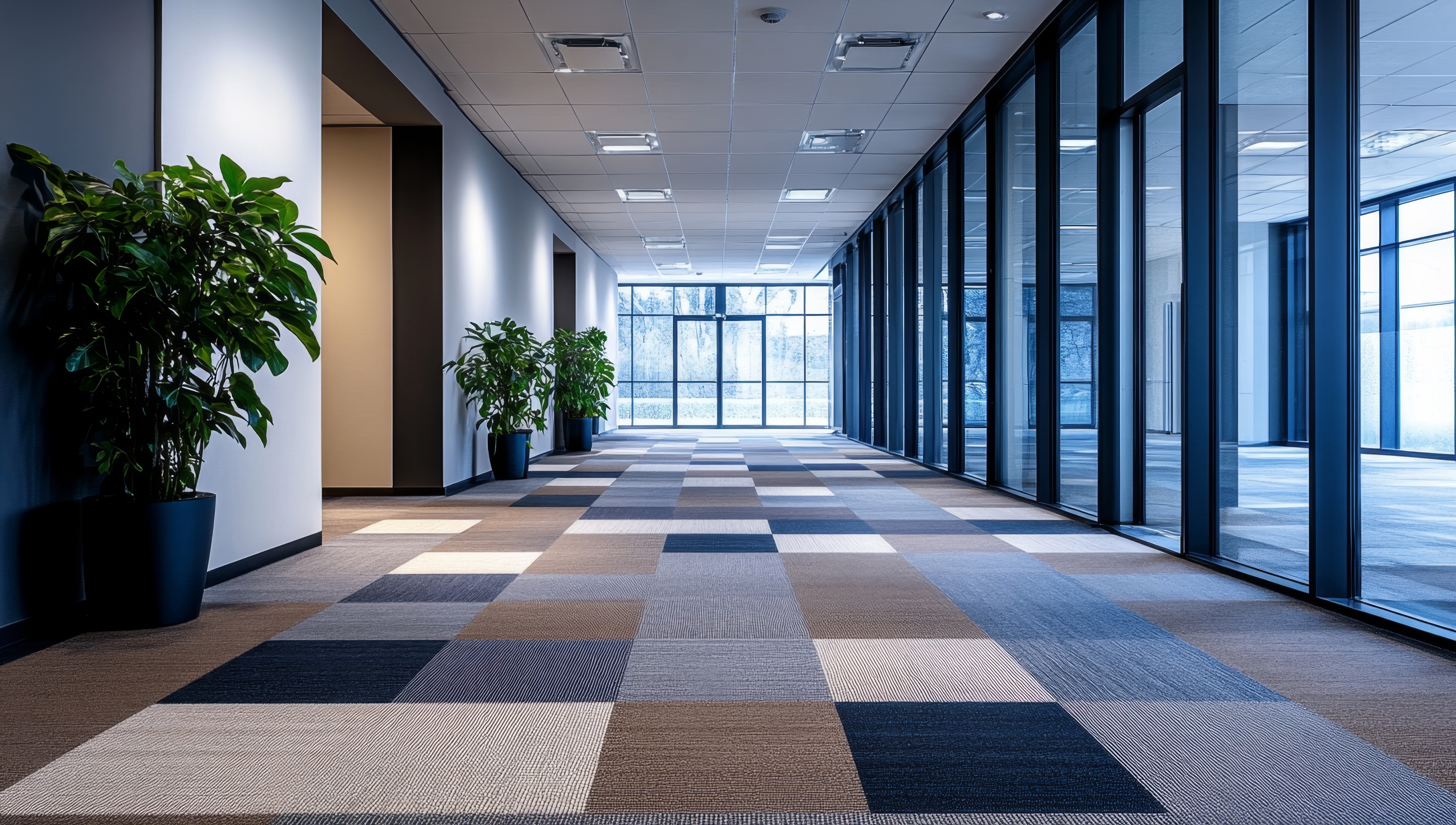 Modern office corridor with planters
