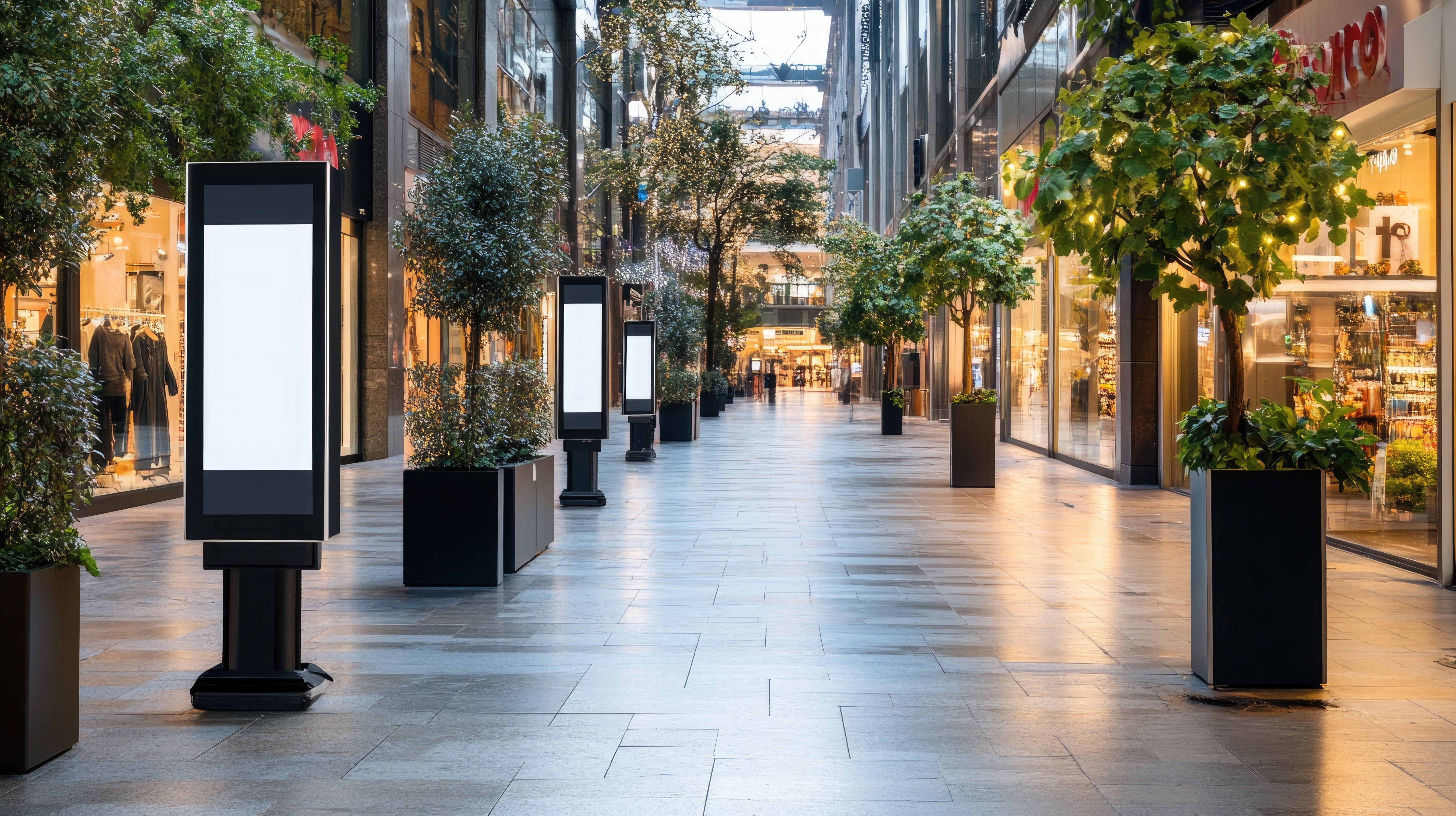 modern shopping mall interior with decorative planters