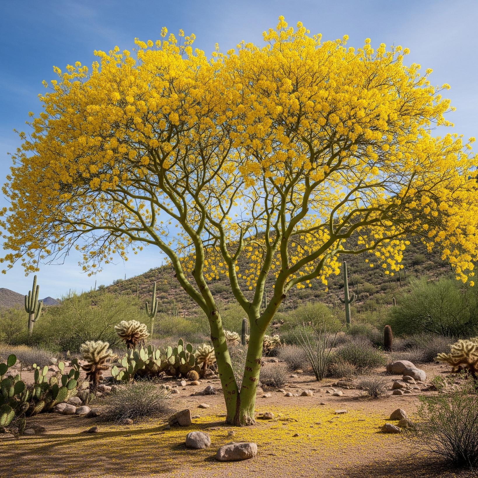 A vibrant tree with yellow flowers stands out against the arid desert landscape.