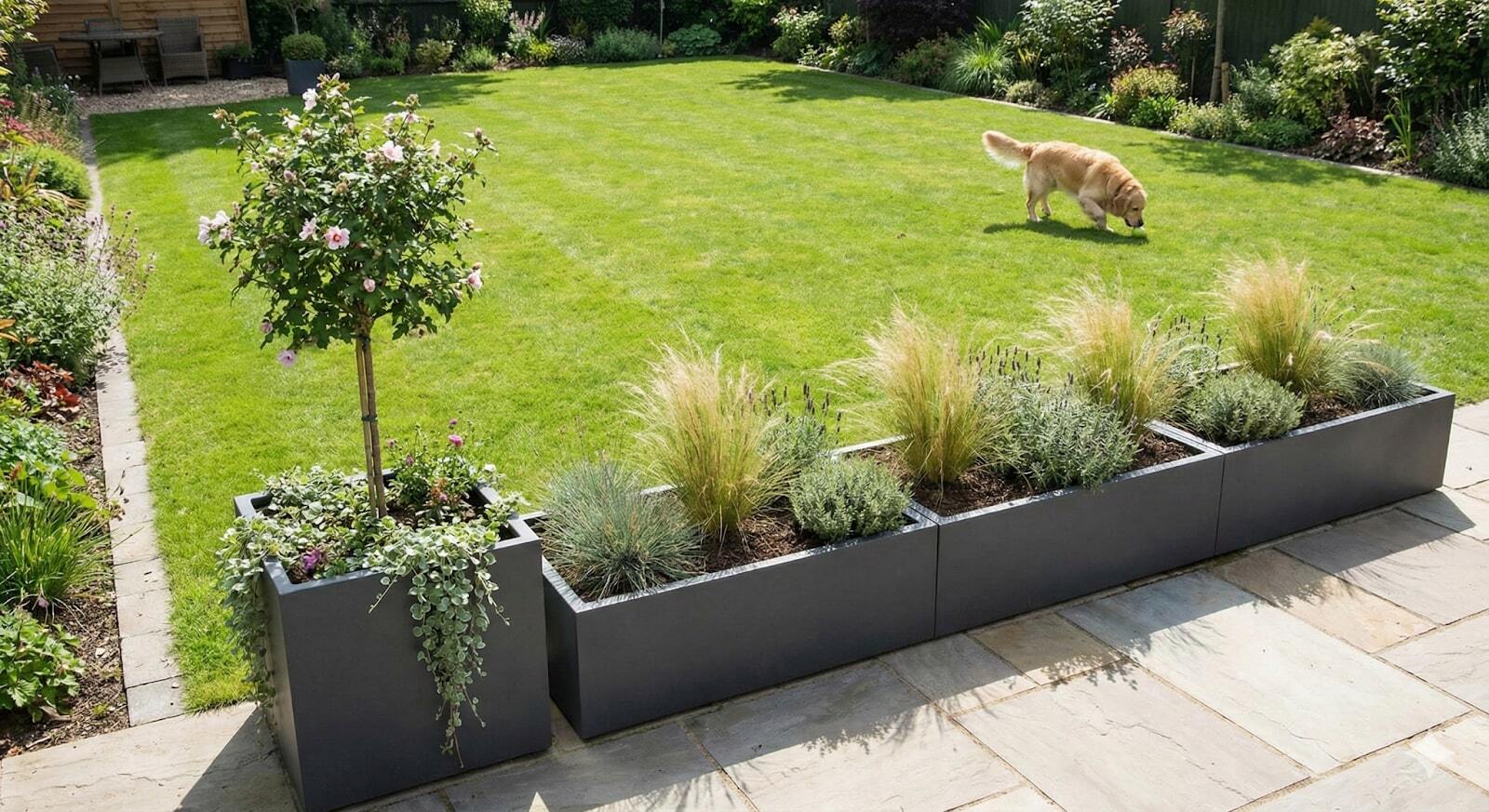 Open garden lawn with low and square planters defining a safe, organized play area.