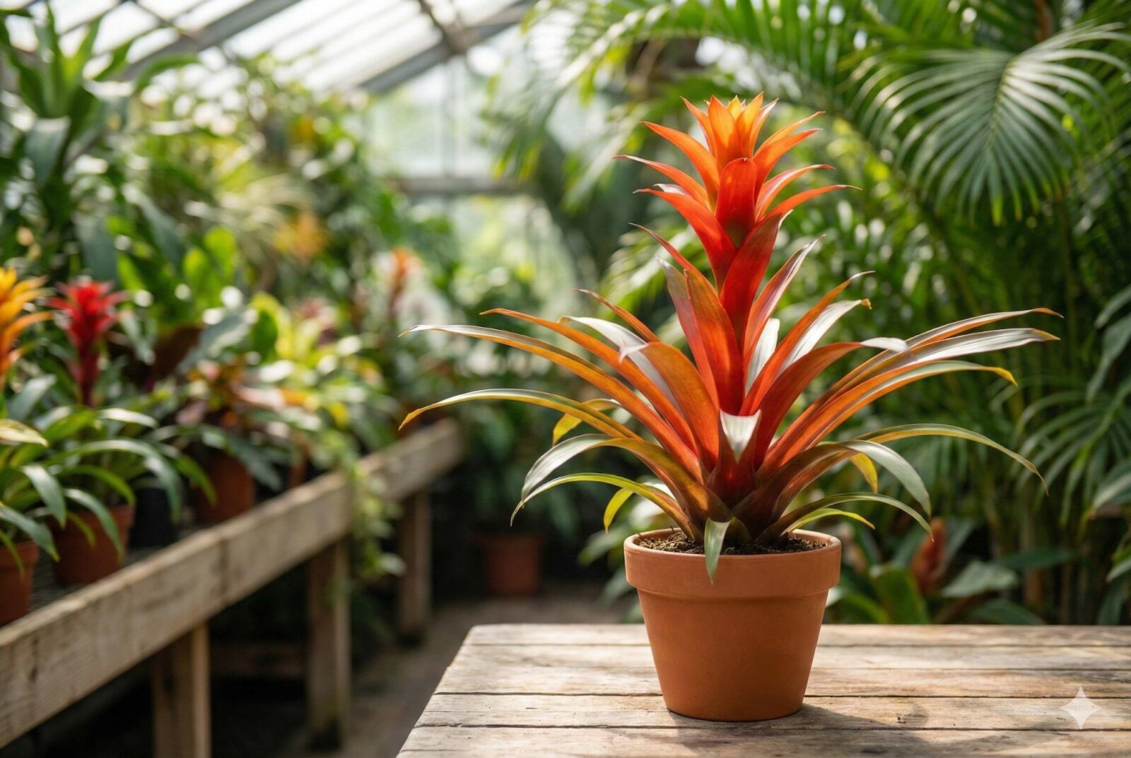 Vibrant orange Guzmania bromeliad in a terracotta pot on a wooden table, set against a lush greenhouse background.