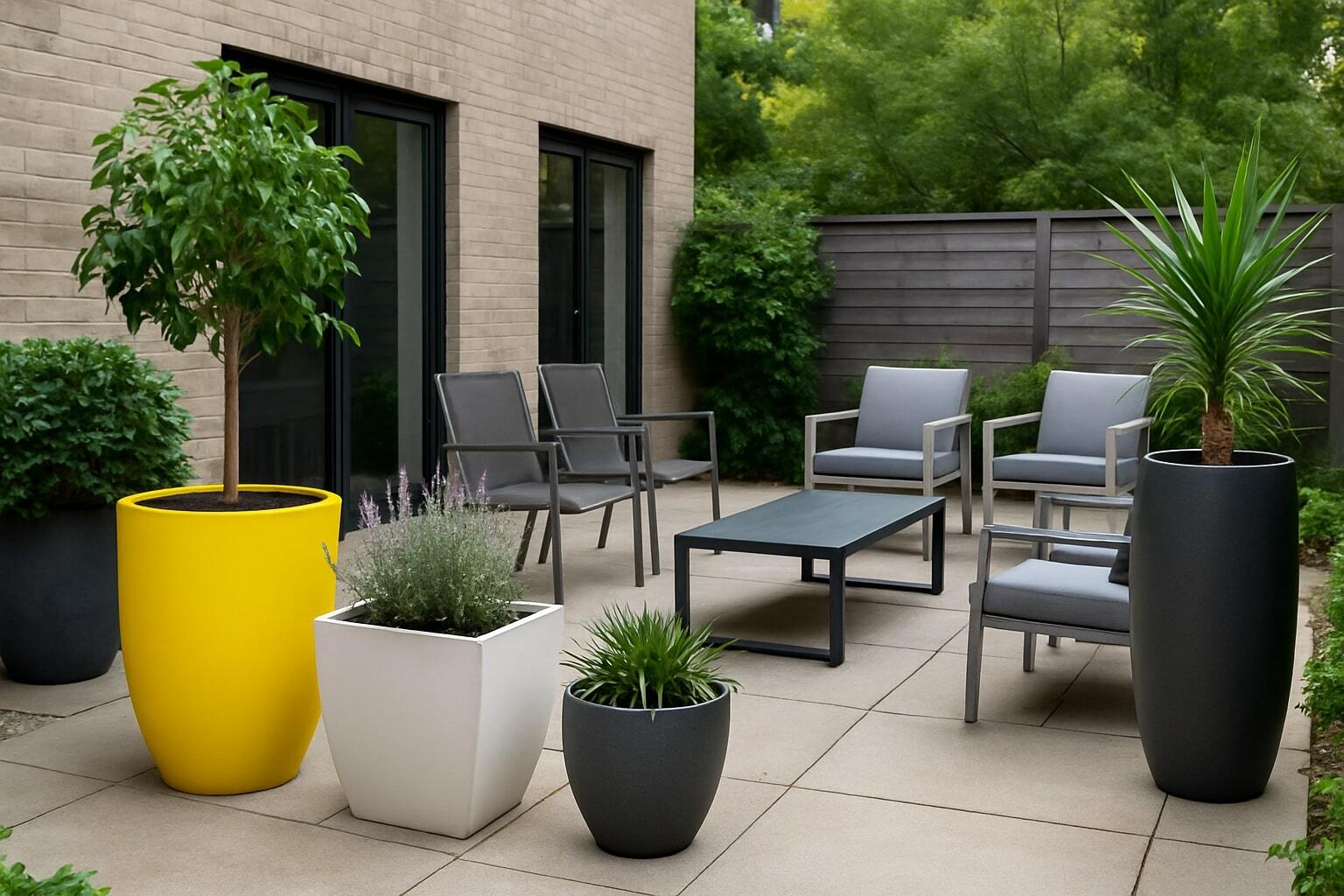 Outdoor apartment seating area with modern chairs, spaced planters, and vibrant greenery arranged around a clean, open patio.