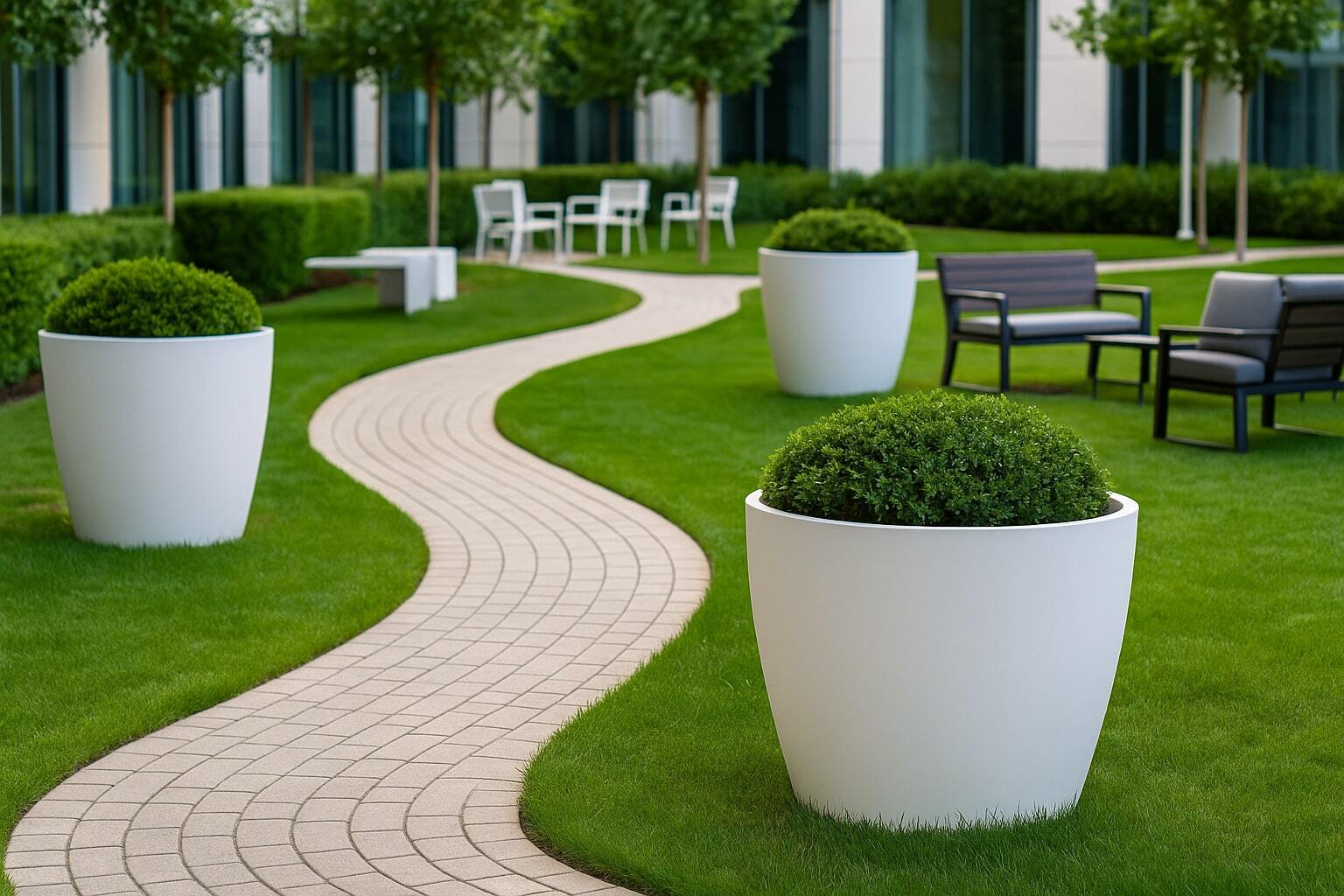 Outdoor courtyard with modern seating, tall planters, and lush greenery arranged around walkways and lounge areas