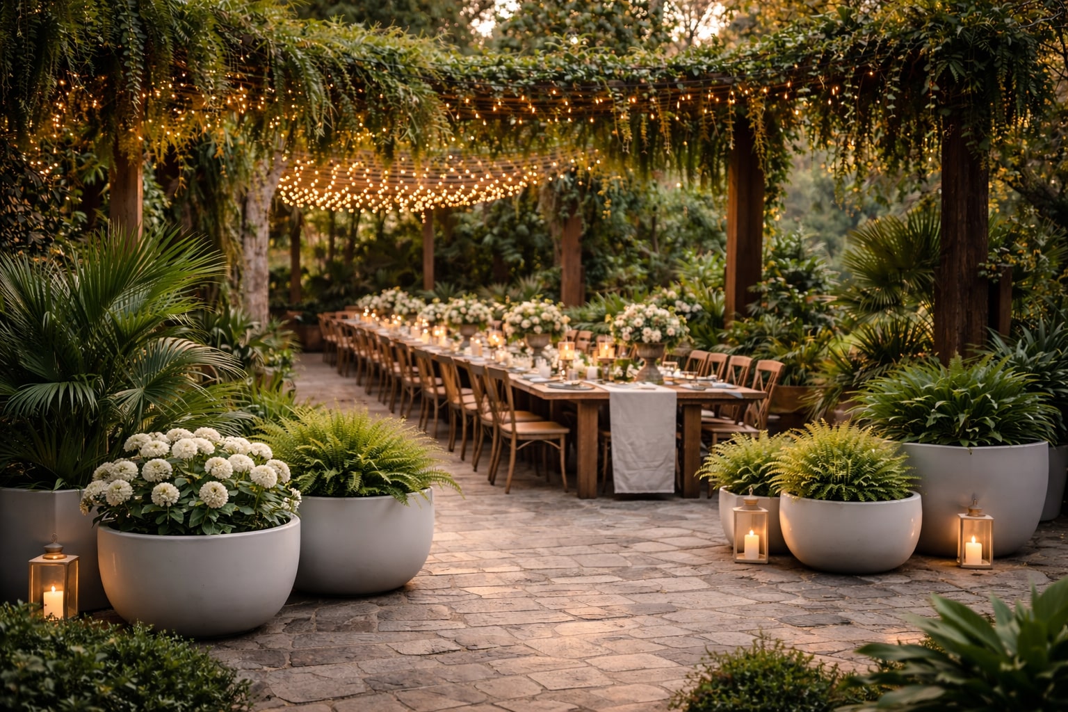 Outdoor dining setup with round fiberglass planters and soft string lights under a pergola.