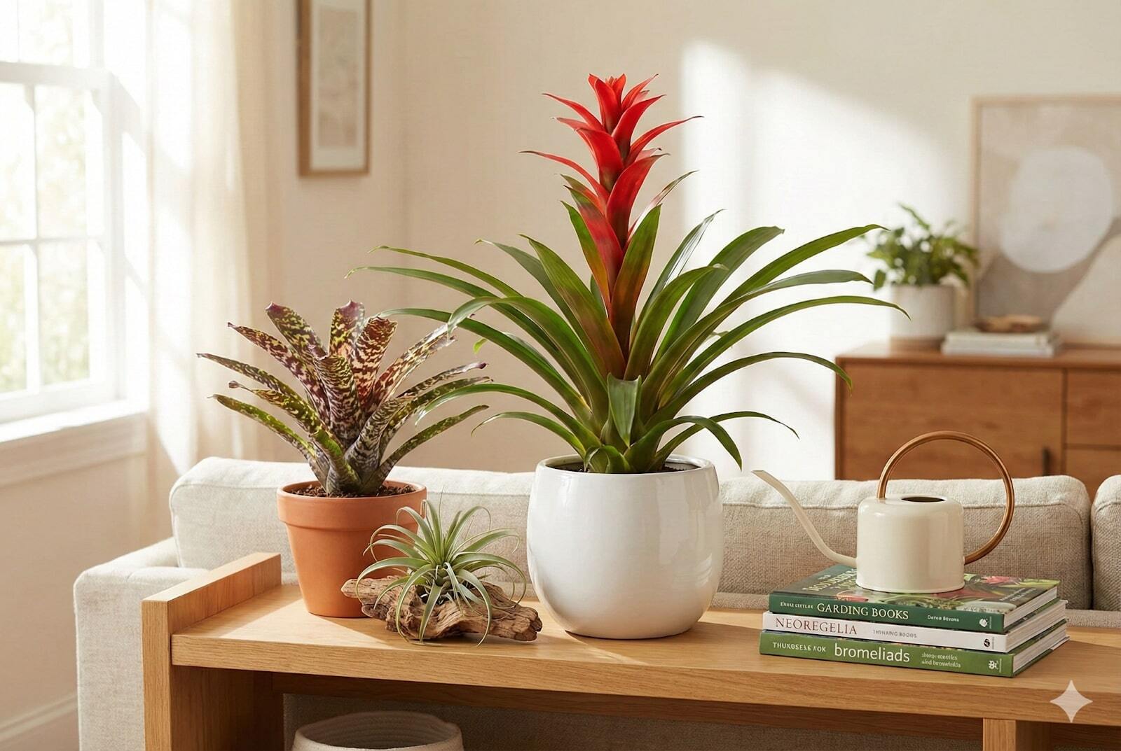 A vibrant blooming bromeliad in a stylish white pot, serving as a tropical centerpiece in a bright, modern living room.