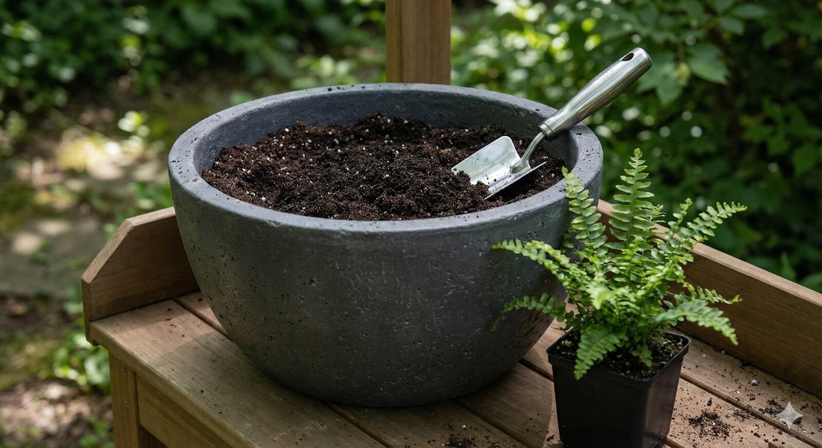 Planter filled with fresh soil and a trowel next to a fern on a potting bench.