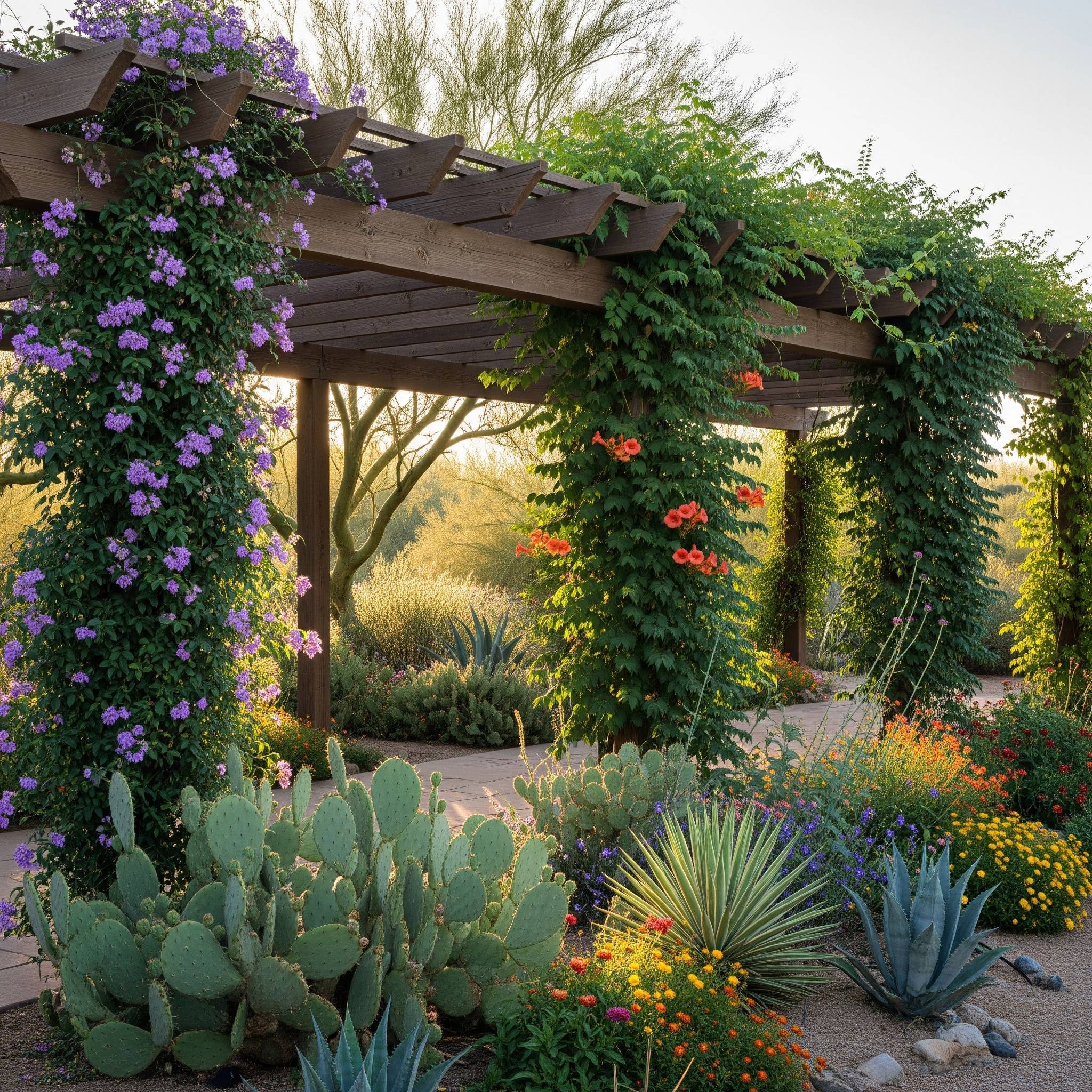 A garden featuring a pergola-covered walkway surrounded by various cactus plants.