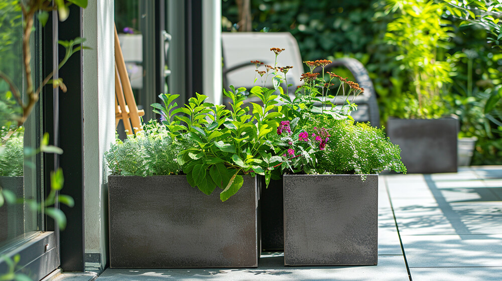 Rectangular planters with plants growing outside