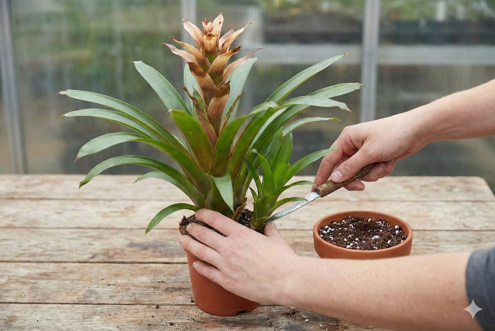 Person separating a bromeliad pup from the mother plant for propagation.