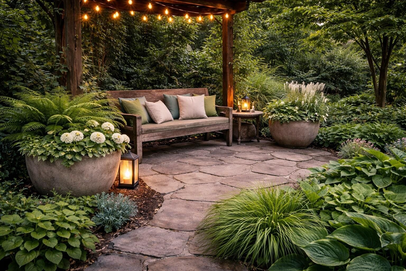 Shaded garden seating area under a pergola with string lights, surrounded by lush plants and large round planters filled with ferns and flowers.