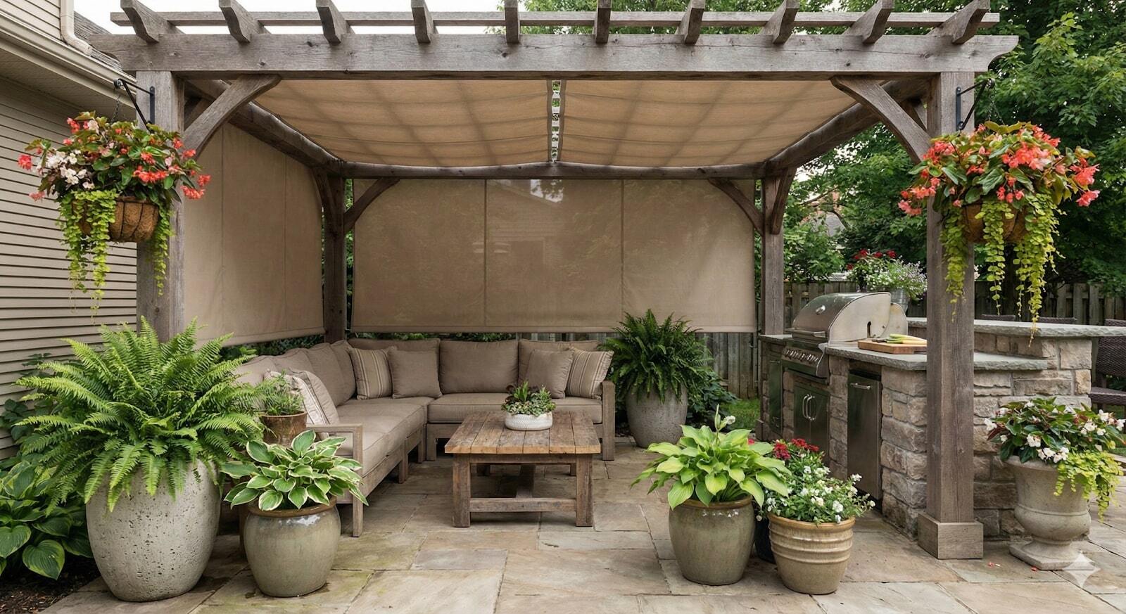 Shaded outdoor BBQ and seating area decorated with large potted plants.