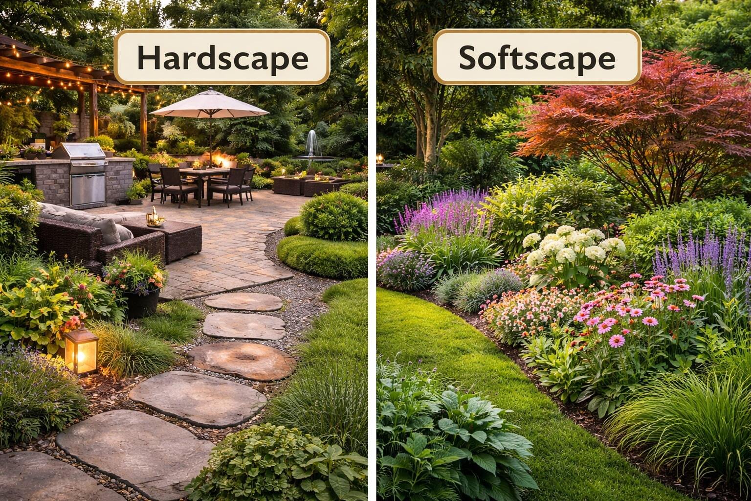 Side-by-side garden view showing hardscape with patio and path on the left, and softscape with flowers and shrubs on the right