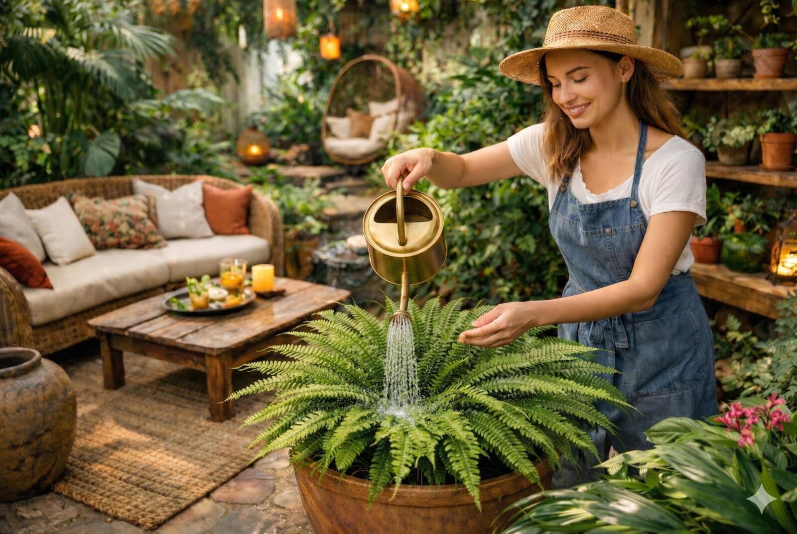 Smiling woman watering a large potted fern in a lush garden setting.