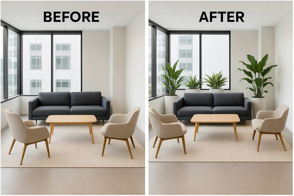 Modern office lounge before and after, with planters added behind the sofa for subtle zoning.