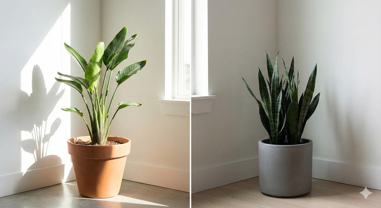 Split image demonstrating plant lighting: a Bird of Paradise in bright direct sun and a Snake Plant in a shaded corner.