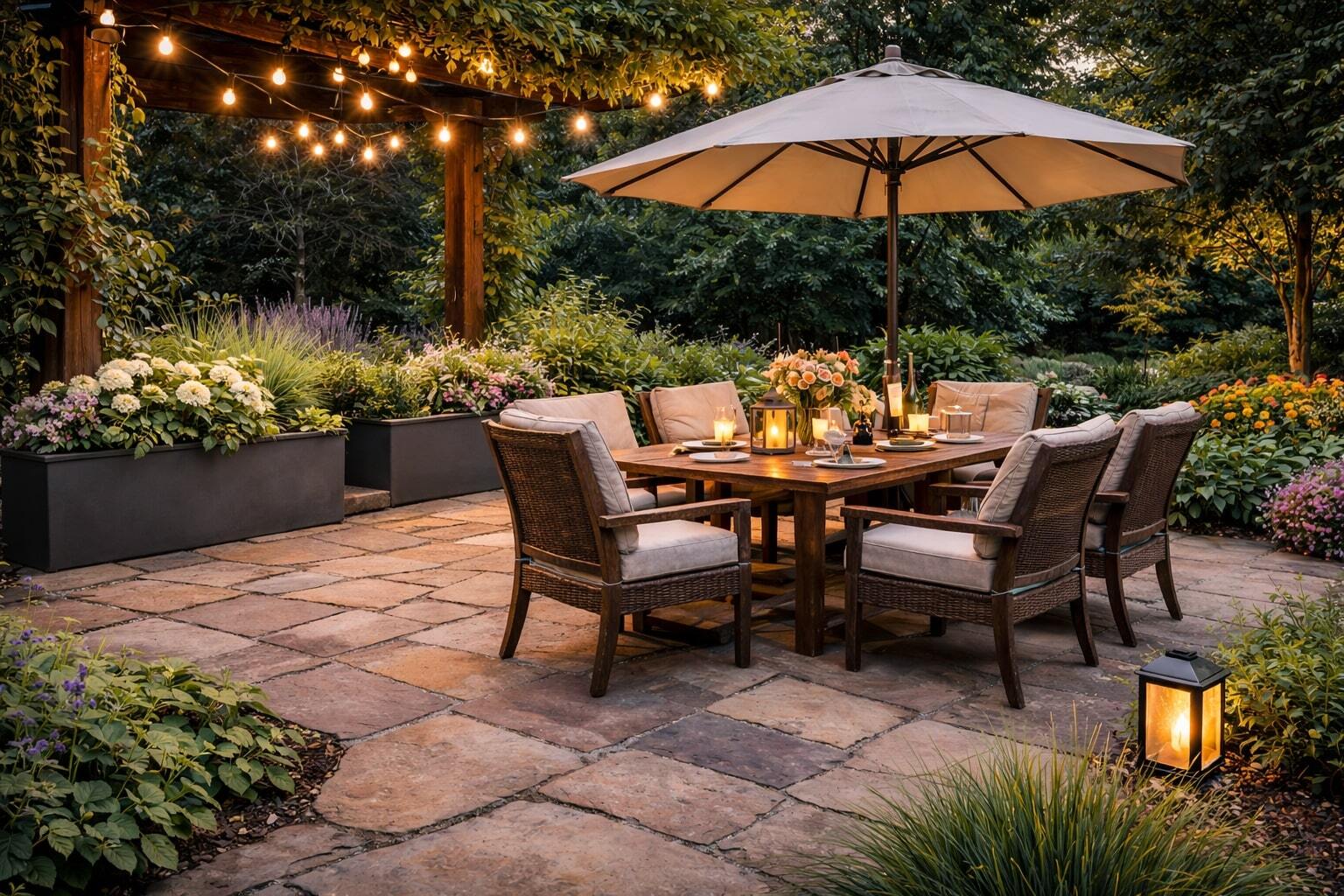 Stone patio with dining set under a pergola, accented by wide black fiberglass planters filled with lush flowers and greenery.