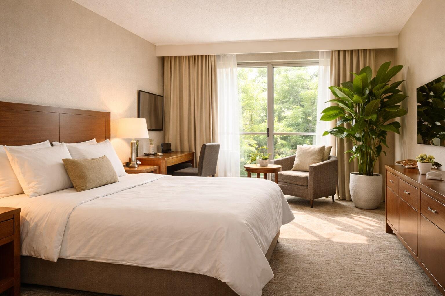 Sunlit hotel suite with crisp white bedding and a large indoor plant creating a luxury feel.