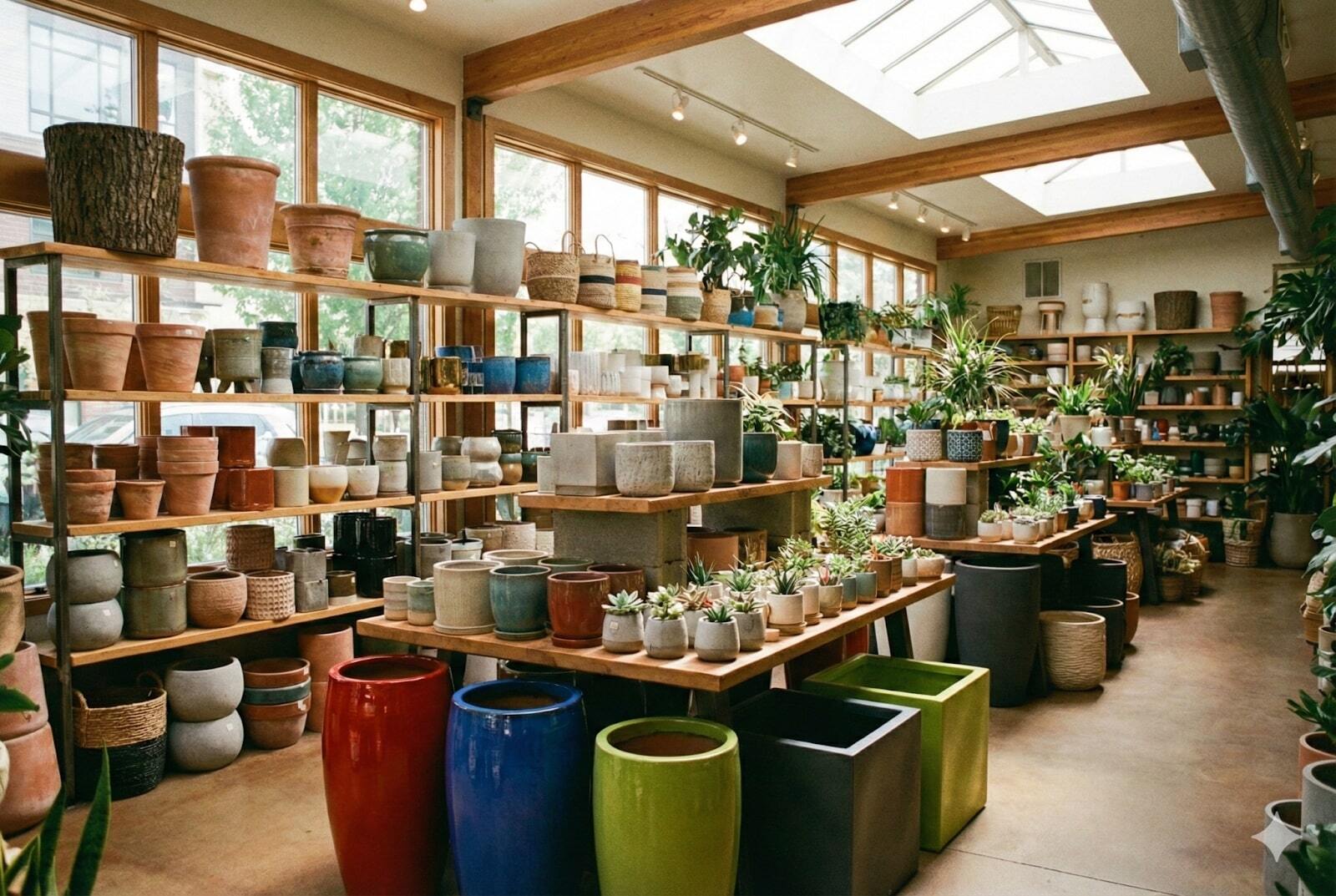 Sunlit plant shop interior featuring shelves of ceramic pots and large, colorful fiberglass planters on the concrete floor.