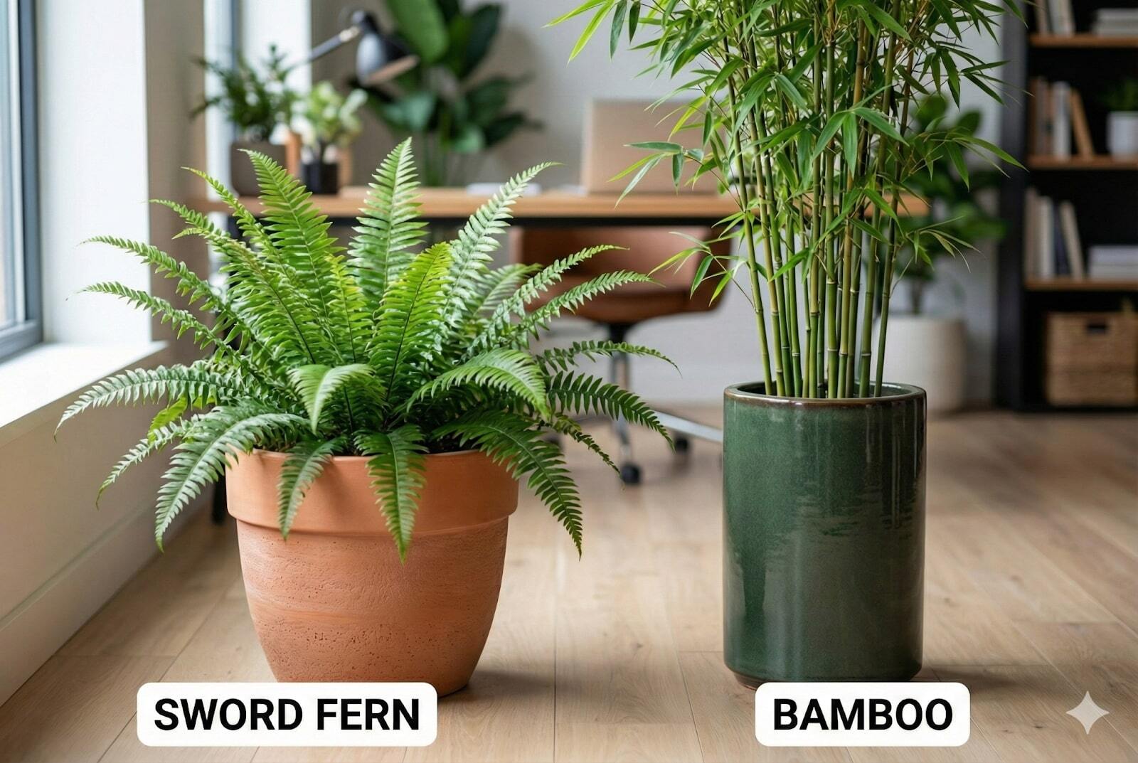 Sword fern in a terracotta planter beside a bamboo plant in a green planter in a bright office space.