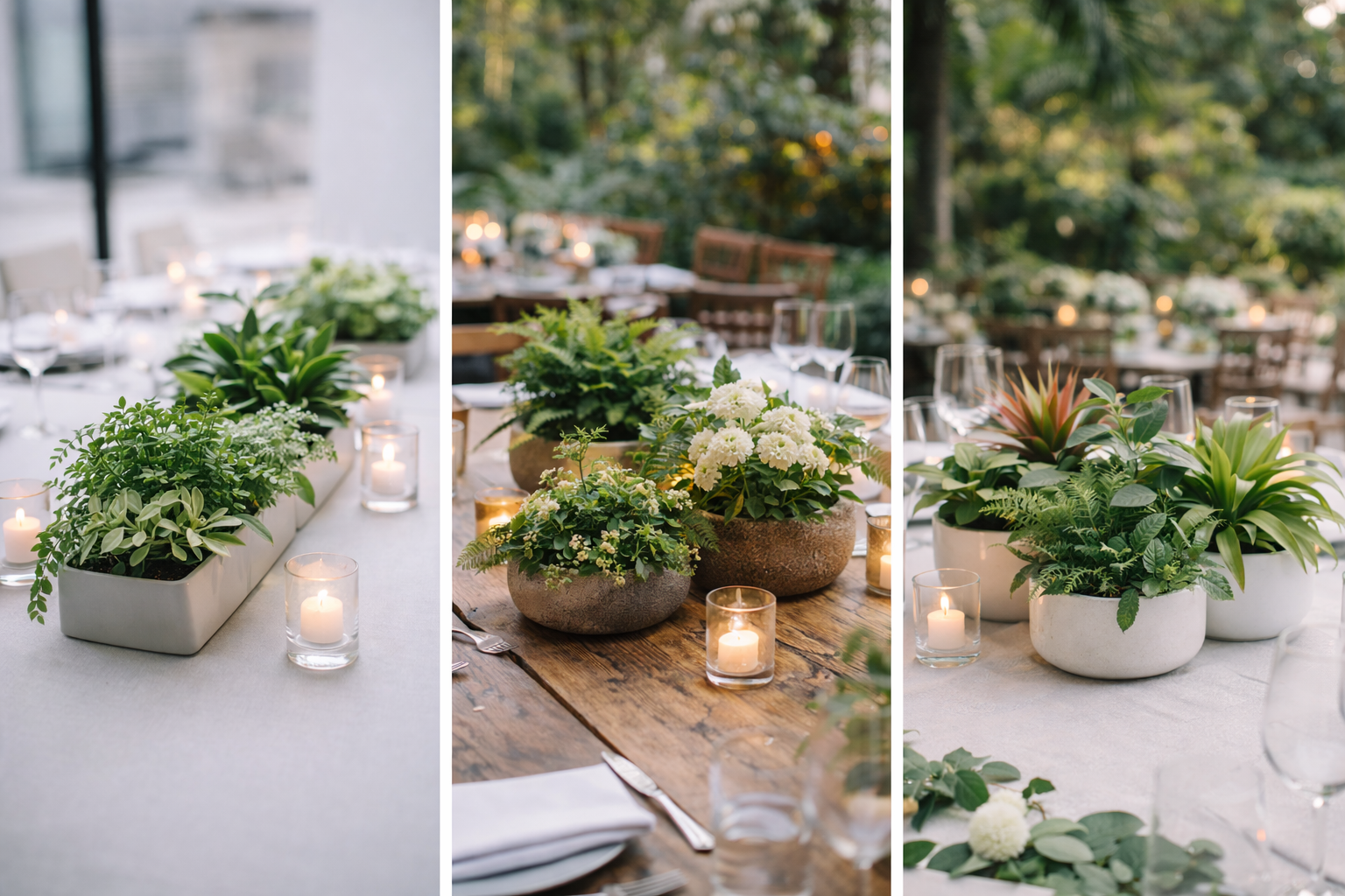 Table centerpieces with potted plants in modern, rustic, and tropical styles, surrounded by candles.