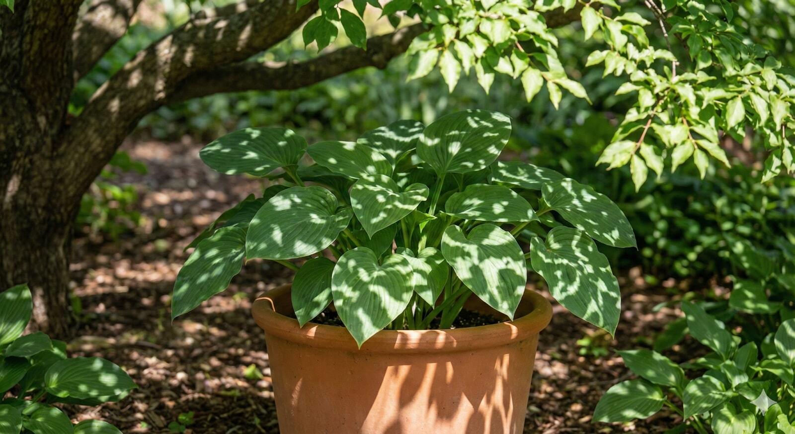 Terracotta planter with Hosta foliage illuminated by dappled sunlight under a tree.