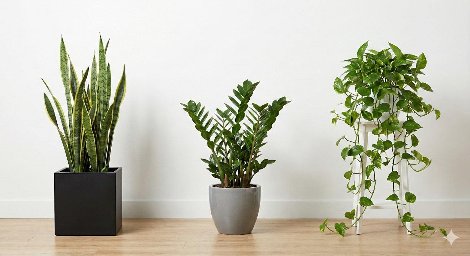 Three low-maintenance houseplants arranged in a row: a snake plant in a black planter, a ZZ plant in a grey pot, and a trailing pothos on a stand.