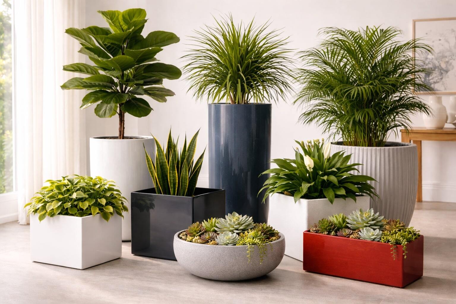 Various fiberglass planters in different shapes, colors, and finishes with indoor plants, including succulents and a snake plant.