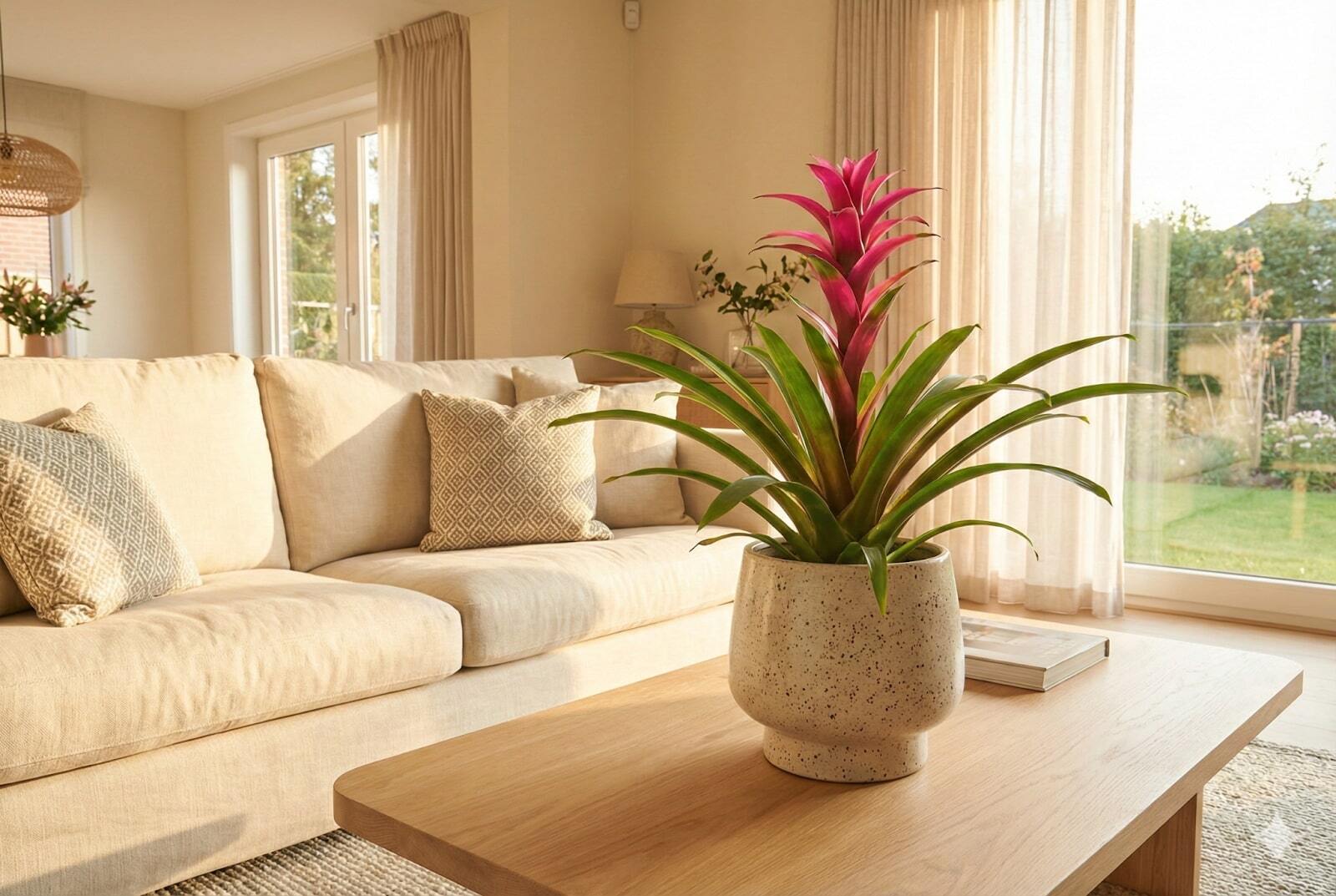 Pink bromeliad styled as a centerpiece on a living room coffee table in a modern planter.