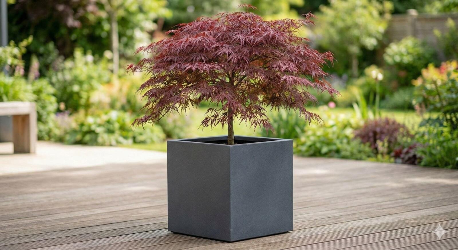 Vibrant red Japanese Maple tree in a modern square black planter on a wooden deck.