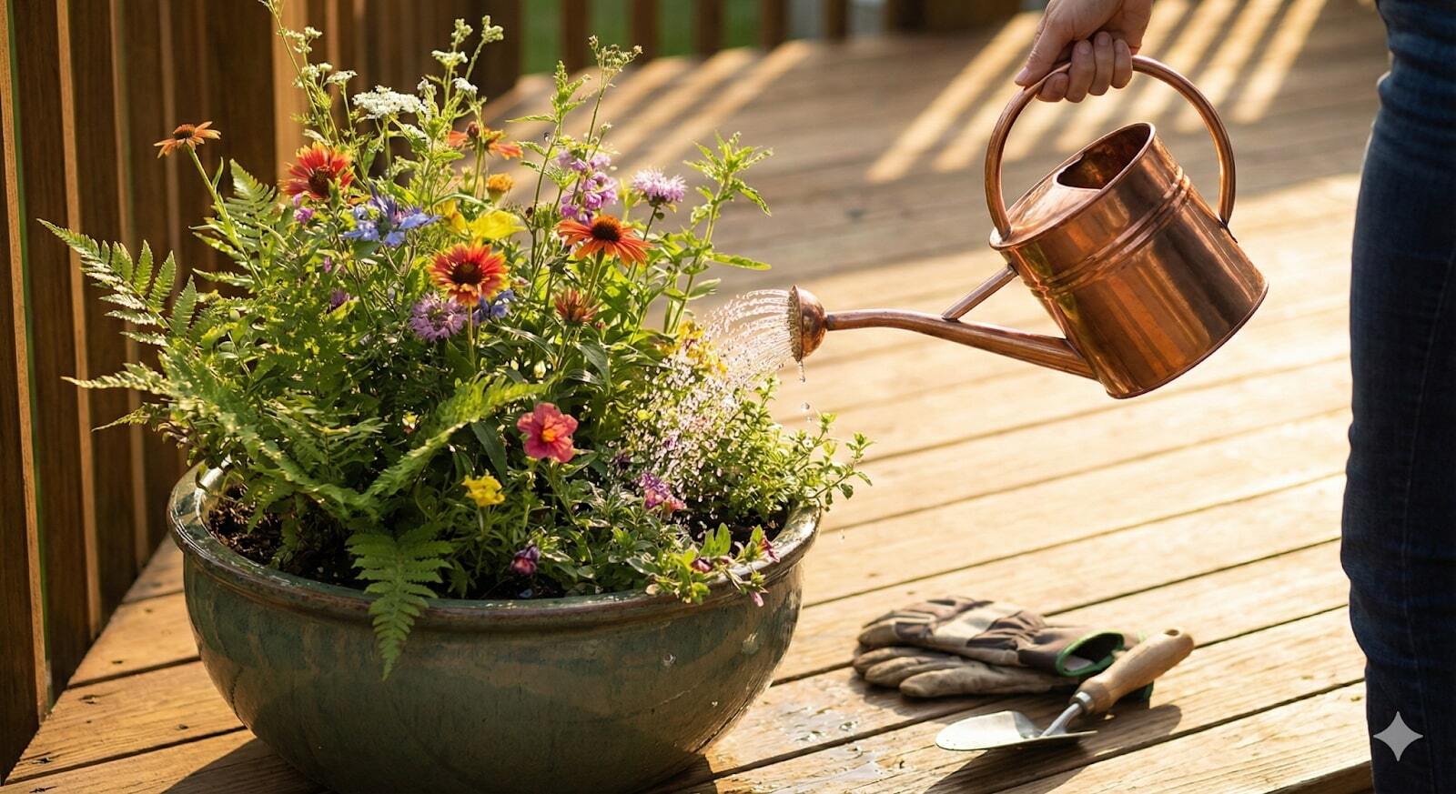 Watering can and gardening tools placed among lush, thriving potted plants on a sunlit patio.