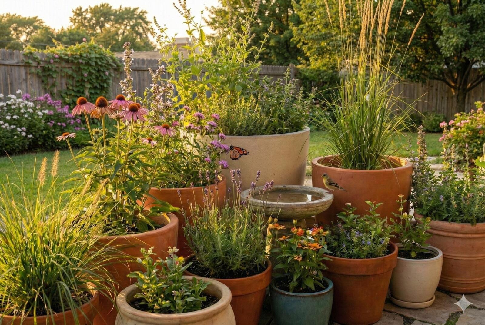 Wildlife-friendly backyard patio with vibrant potted plants and a birdbath.