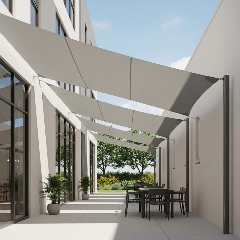 Outdoor patio with tables and shade sails, located in front of a building, perfect for enjoying meals in the fresh air.