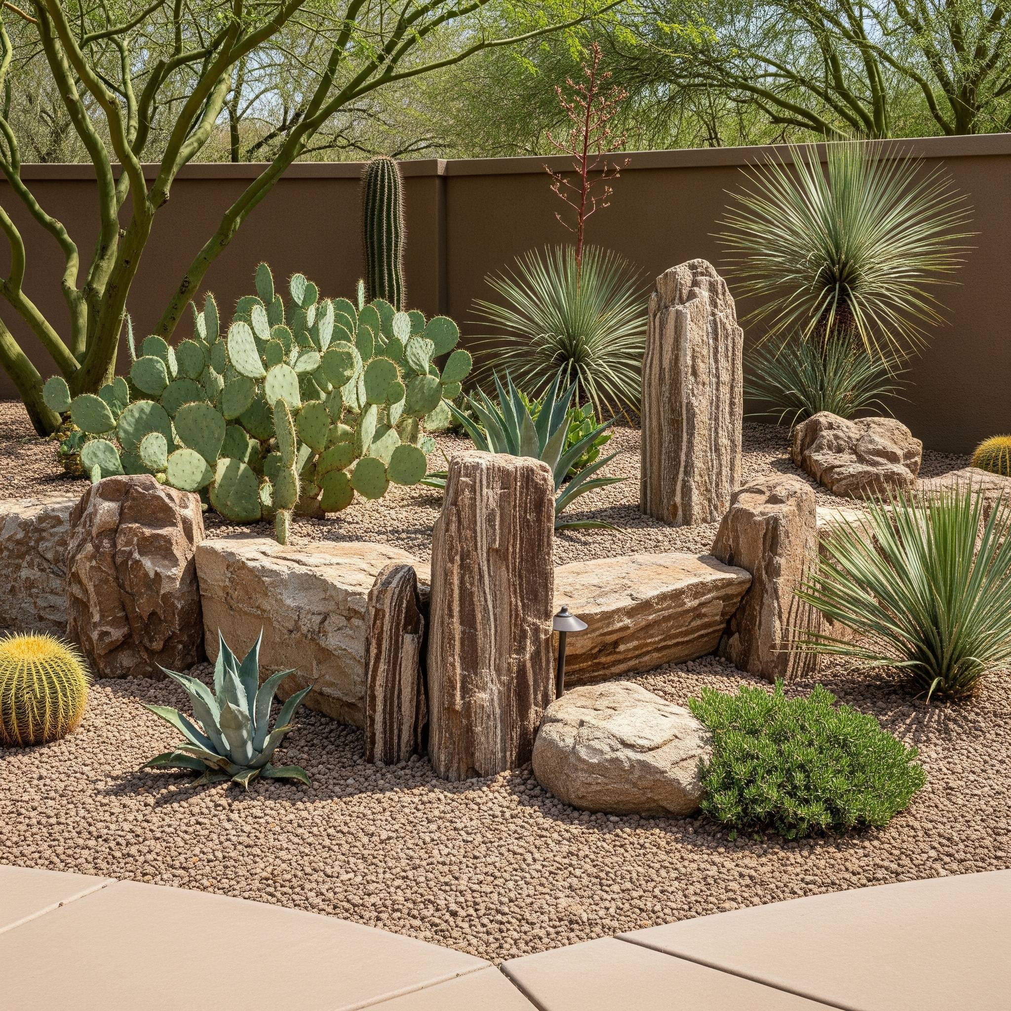 Strategically placed boulders defining planting zones